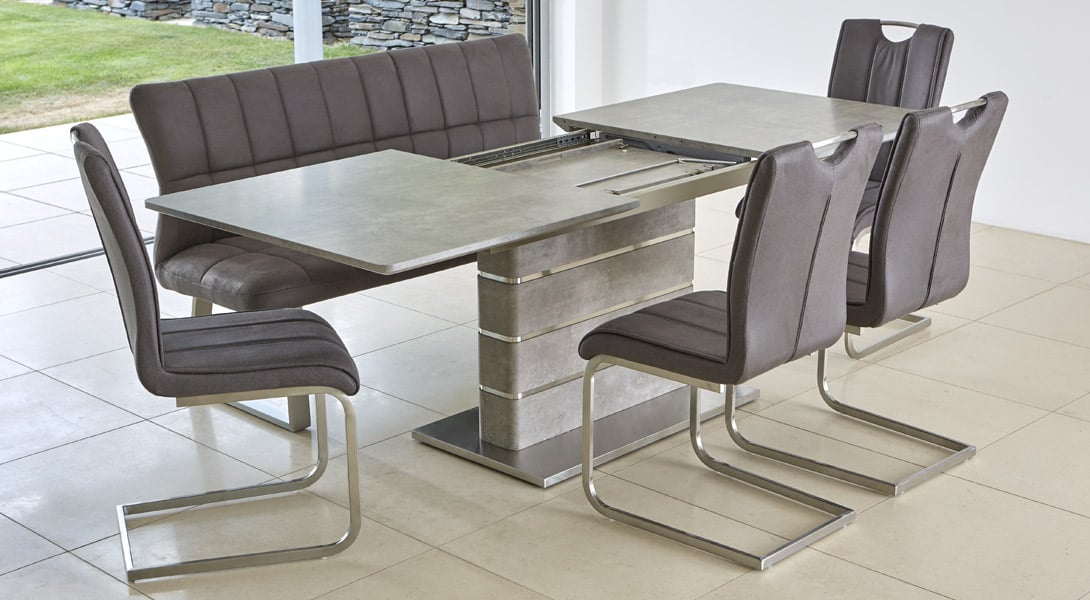 Novara ConcreteEffect 160cm Extending Dining Table, Grey Fabric Bench