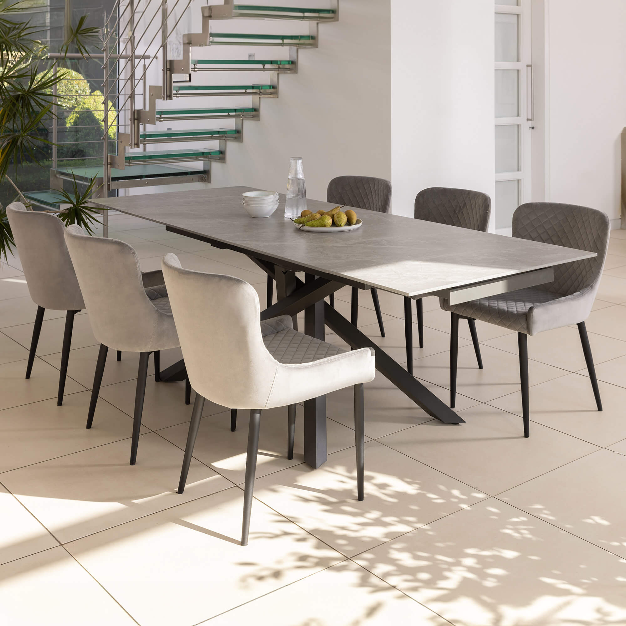 Rossini Extending Dining Table and Toby Light Grey Velvet Dining