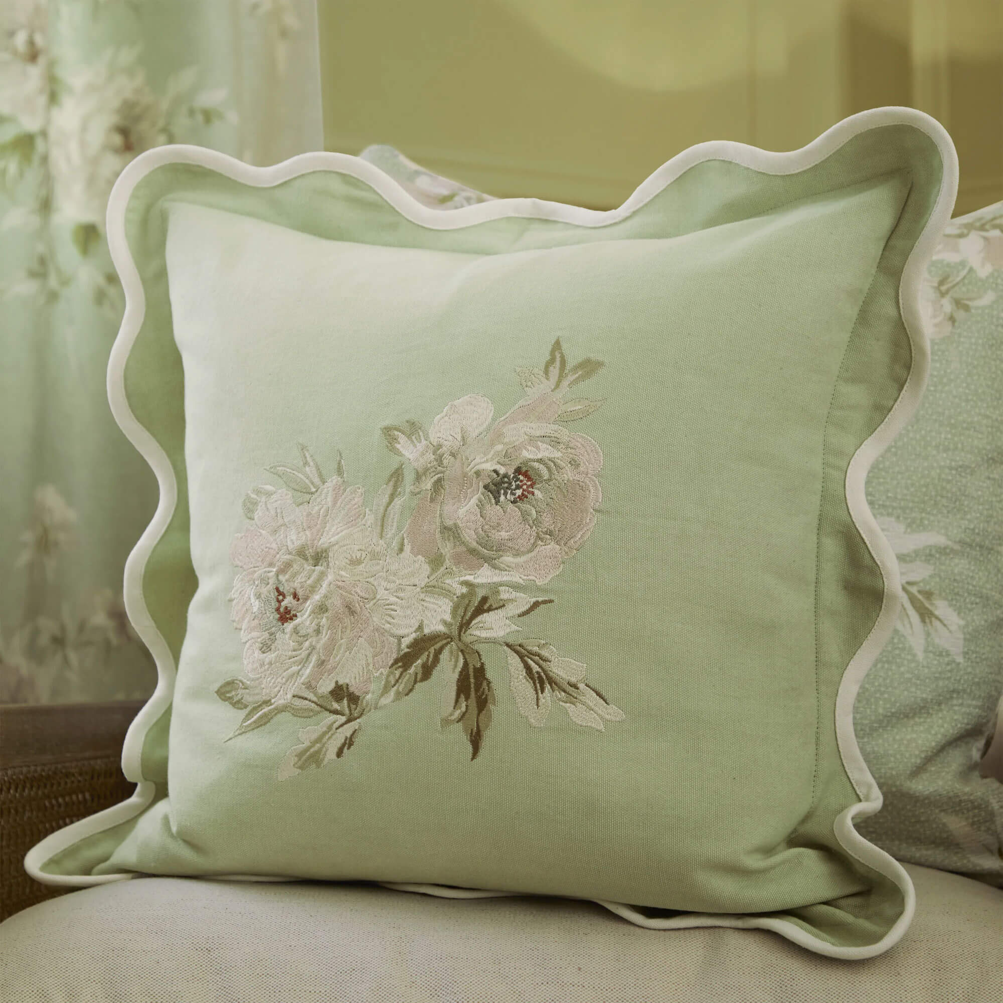 Adele Floral Sage Green Embroidered Cushion