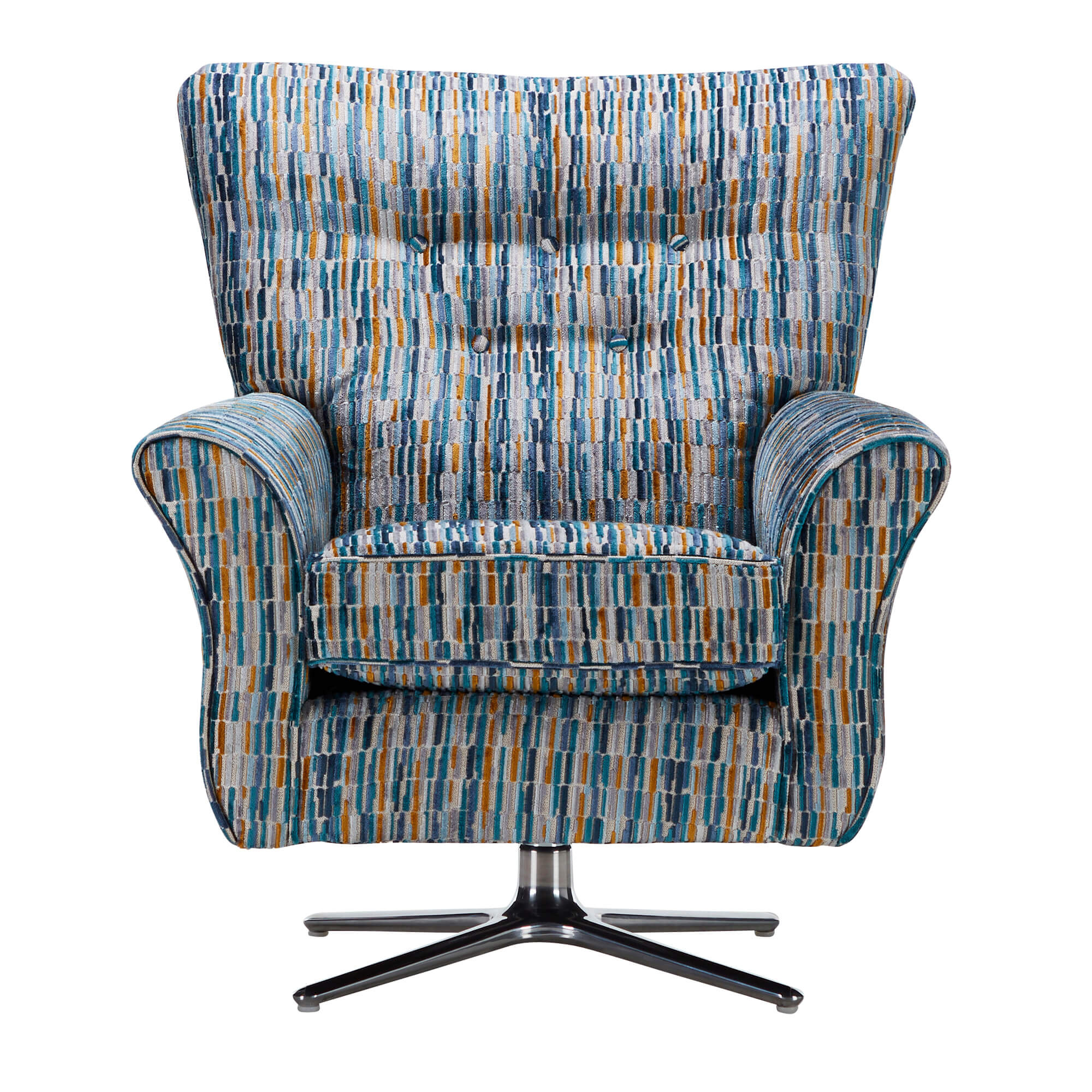 Miramar Blue Ochre Patterned Velvet Fabric Accent Swivel Chair
