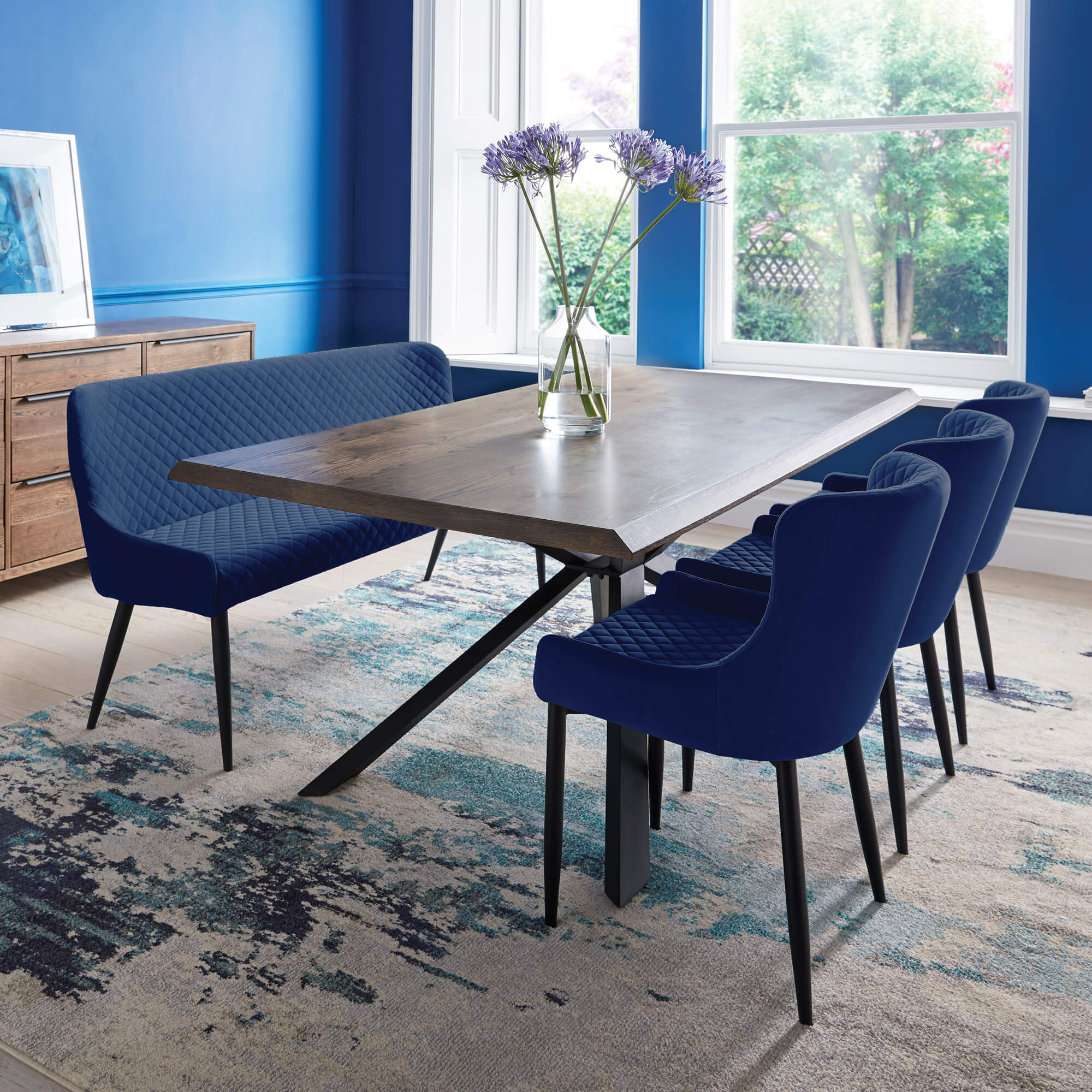 Bronx 200cm Dining Table, Toby Blue Bench Toby Blue Chairs