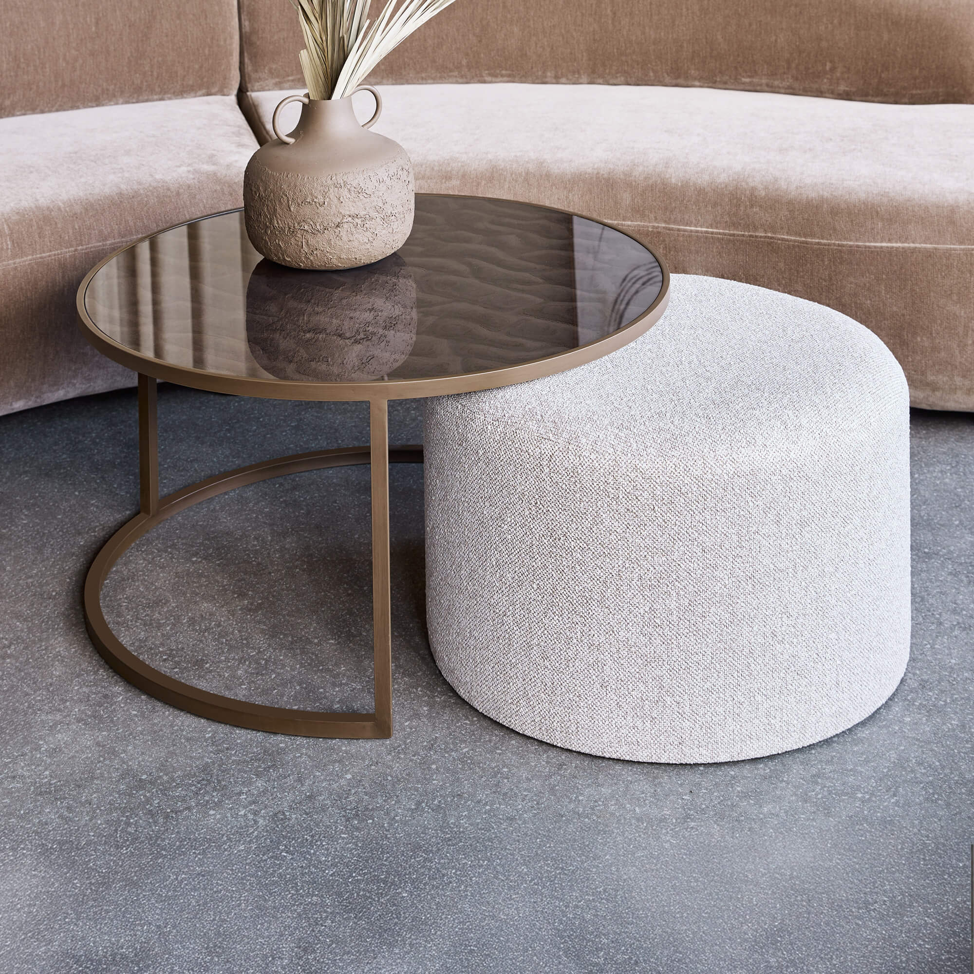 Libra Driftwood Coffee Table with Cream Pouffe | Housing Units